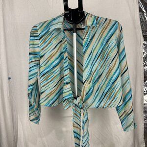 Villager Liz Claiborne Striped Wrap Shirt Petite M | Collared Blouse Career Top